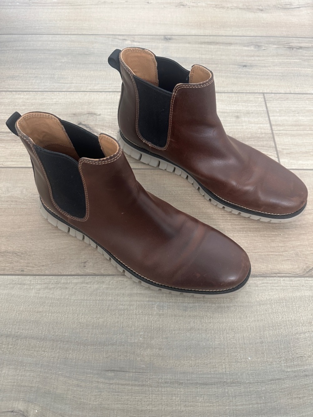 Cole Haan Men's Brown Leather Zerogrand Chelsea Boots with Elastic Side Panels